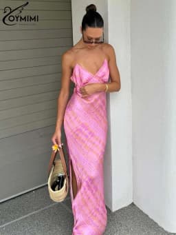 Oymimi Fashion Pink Print Womens Dresses Elegant Spaghetti Strap V-Neck Open Back Dresses Summer Side Slit Floor-Length Dress