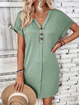 For Women Casual Trend Short Sleeve Mini Dress New Summer Fashion Solid V Neck Button Down Beach Party Dresses Femme Robe