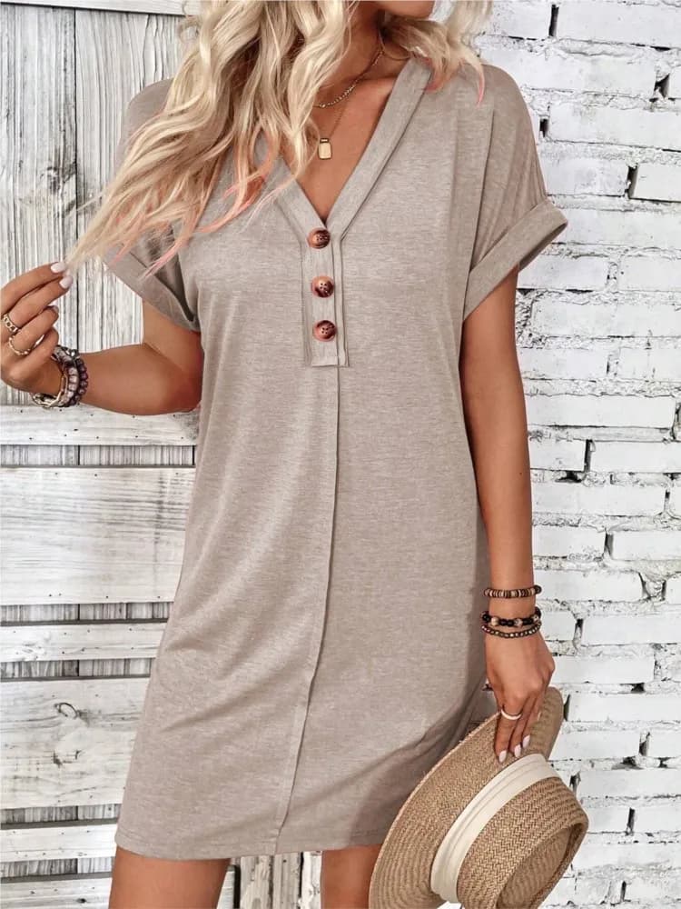 For Women Casual Trend Short Sleeve Mini Dress New Summer Fashion Solid V Neck Button Down Beach Party Dresses Femme Robe