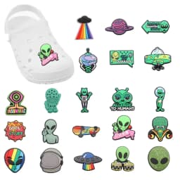 Hot Sale 1pcs Shoe Charms Green Alien Spaceship Planet PVC Accessories Garden Shoes Buckle Decorations Fit Kids X-max Gift