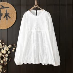 New Autumn Cotton Solid Shirts Women Round Neck Tops Girl Long Sleeve Loose Hollowed Out Blouses Temperament Spring T30515QC