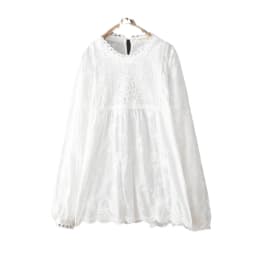 New Autumn Cotton Solid Shirts Women Round Neck Tops Girl Long Sleeve Loose Hollowed Out Blouses Temperament Spring T30515QC