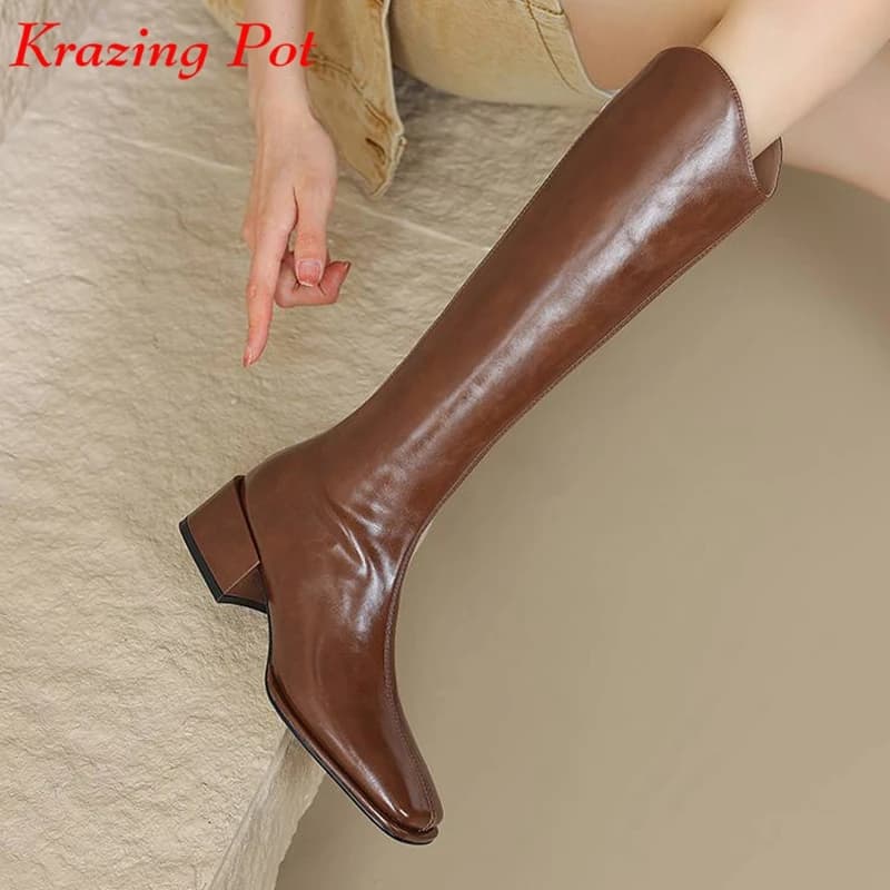 Krazing Pot Cow Split Leather Square Toe Thick Med Heels Riding Boots Winter Shoes Daily Wear Stovepipe Warm Thigh High Boots