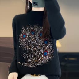2024 Autumn/Winter New Half High Neck Pullover Woolen Sweater Women's Slim Fit Colorful Diamond Knitted Thickened Bottom Shirt