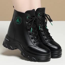 Autumn Winter Women Warm Leather Platform Wedge Mid Calf Ankle Motorcycle Booties Non Slip Plus Velvet High Top Casual Shoes