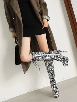 Plus Size Microfiber Zebra Print Women's Knee Boots Ultra High Pointed Toe Platform Zipper Cross Lace Patent Leather Silver Boot
