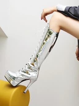 Plus Size Microfiber Zebra Print Women's Knee Boots Ultra High Pointed Toe Platform Zipper Cross Lace Patent Leather Silver Boot
