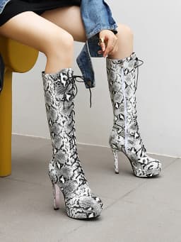Plus Size Microfiber Zebra Print Women's Knee Boots Ultra High Pointed Toe Platform Zipper Cross Lace Patent Leather Silver Boot