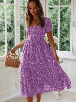 Sexy Square Collar Floral Print Midi Dress 2024 Women's Summer Puff Short Sleeve Ruffles Casual Party Dresses For Women Robe