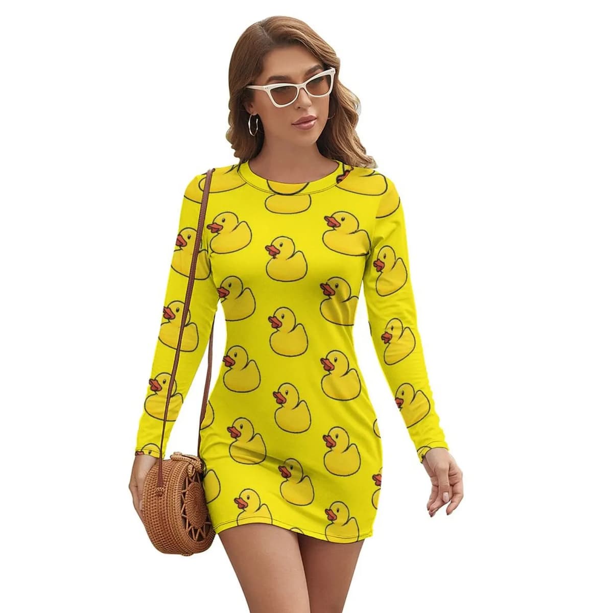 Rubber Ducks Print Dress Long Sleeve Kawaii Animal Street Style Dresses Autumn Vintage Bodycon Dress Ladies Oversized Vestidos