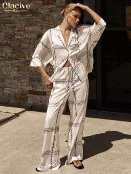 Clacive Elegant Loose Print 2 Piece Sets Women Outfit Casual Long Sleeve Shirt With High Waist Wide Pants Set Female Homewear