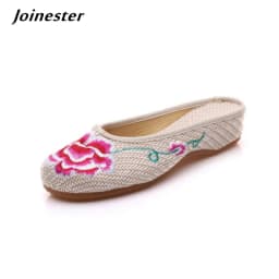 Special Offer Women's Summer Canvas Slipper Floral Embroider Breathable Casual Slides Flat Heel Walking Shoe Standard Size