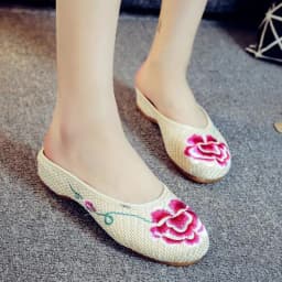 Special Offer Women's Summer Canvas Slipper Floral Embroider Breathable Casual Slides Flat Heel Walking Shoe Standard Size
