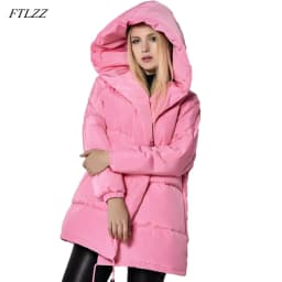 FTLZZ Winter Women Jackets 90% White Duck Down Parkas Loose Hooded Coats Medium Long Warm Casual Pink Snow Outwear