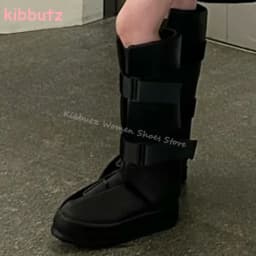 Motorcycle Knee High Boots Platform Genuine Leather Belt Buckles Round Toe Height Increasing Solid Color Fashion Concise Shoes