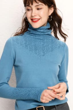 Women Merino Wool Sweater Pile Collar Pullover Cashmere Knitwear Solid Color Hollowed Jacquard Clothing Basic Spring Autumn Tops