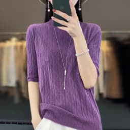 Women New Soft Diamond Letter Design Sweater Half-high Collar Three Quarter Sleeve Pullover Spring Summer Casual Knit Slim Top