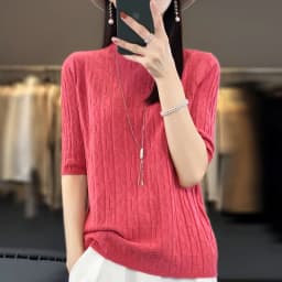 Women New Soft Diamond Letter Design Sweater Half-high Collar Three Quarter Sleeve Pullover Spring Summer Casual Knit Slim Top