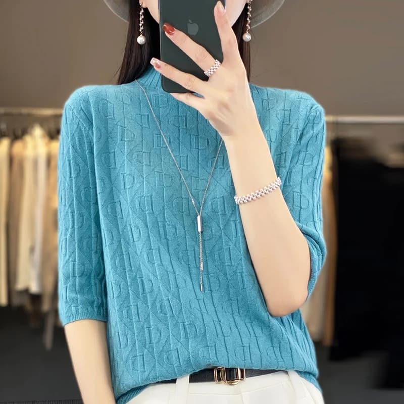 Women New Soft Diamond Letter Design Sweater Half-high Collar Three Quarter Sleeve Pullover Spring Summer Casual Knit Slim Top