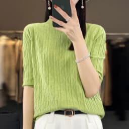 Women New Soft Diamond Letter Design Sweater Half-high Collar Three Quarter Sleeve Pullover Spring Summer Casual Knit Slim Top