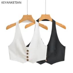 KEYANKETIAN Summer New Single-Row Buttoned-Up Hanging Neck Ultra Short Waistcoat Vest Women's Casual Backless Suspender Top