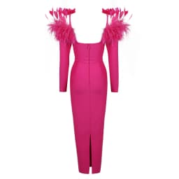 Factory Wholesale Women's rose Red Long sleeve Slash Neck Feather Tight Sexy Boutique Celebrity Cocktail Party Bandage Dress