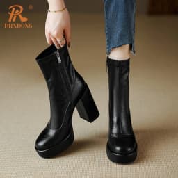 PRXDONG Women's Genuine Cow Leather Square High Heels Platform Shoes Black Brown Dress Party Female Ankle Boots Big Size 34-40