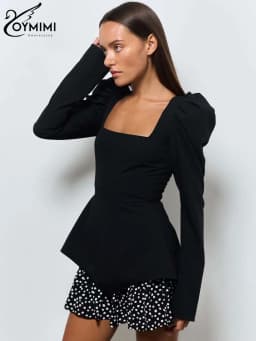 Oymimi Fashion Black Patchwork Dresses For Women Casual Long Sleeve Square Neck Dresses Elegant Ruffled Mini Dress Streetwear