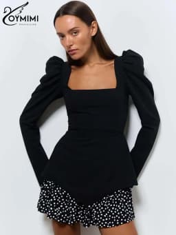 Oymimi Fashion Black Patchwork Dresses For Women Casual Long Sleeve Square Neck Dresses Elegant Ruffled Mini Dress Streetwear