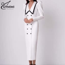 Oymimi Elegant White Patchwork Dresses For Women Fashion Wrist Sleeve Double Breasted Pencil Dresses Casual Slim Mid-Calf Dress