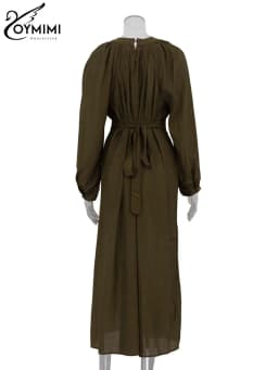 Oymimi Casual Green O-Neck Women's Dresses Elegant Long Sleeve Pleated Lace-Up Dresses Spring High Waist Mid-Calf Dress Female