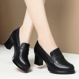 Fashion Comfortable Black Soft Leather Shoes Deep Mouth Spring 2024 Block Heels Shoes Women for Office Mom Model Versatile