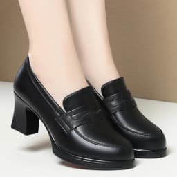 Fashion Comfortable Black Soft Leather Shoes Deep Mouth Spring 2024 Block Heels Shoes Women for Office Mom Model Versatile
