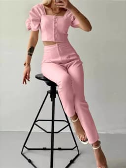 Elegant Women's Office Two Piece Sets Summer Fashion Solid Square Collar Single Breasted Short Sleeve Top & Long Pants Suit