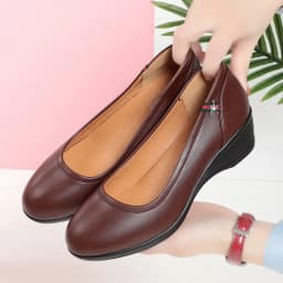 Spring Women Cute Stylish Round Toe Shallow Mouth Black Pu Leather Pumps Casual Comfort Wedge Heel Anti-slip Shoes