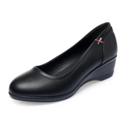 Spring Women Cute Stylish Round Toe Shallow Mouth Black Pu Leather Pumps Casual Comfort Wedge Heel Anti-slip Shoes