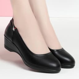 Spring Women Cute Stylish Round Toe Shallow Mouth Black Pu Leather Pumps Casual Comfort Wedge Heel Anti-slip Shoes