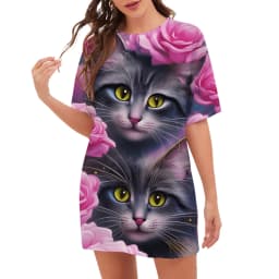 New 2023 Women Dresses Fashion Pattern O-Neck Cartoon Cat Floral Print Dress Summer Trend Casual Short Sleeve Party Ladies Dress