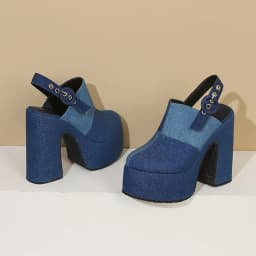 Plus Size Color Blocking Denim Material Back Strap Fashionable Women's Sandals High Waterproof Platform Hollow Out Sandals