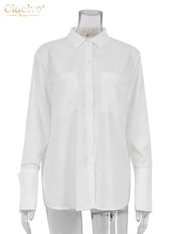 Clacive Fashion Woman Blouses 2022 Elegant Lapel Long Sleeve Office Lady Shirts Casual Loose White Pockets Tops Female Clothing