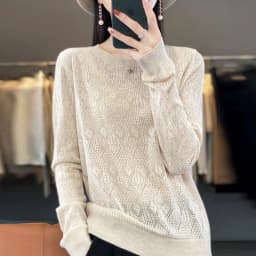 New Women Wool Blend Sweater Spring O-neck Geometric Hollow Pullover Fashion Soft Sweater Loose Casual Knit Base Tops