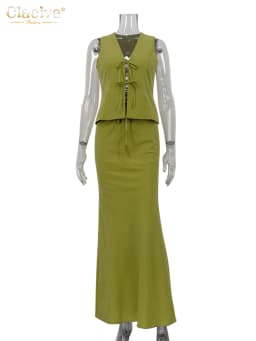 Clacive Sexy Slim Green Cotton 2 Piece Sets Women Outfit 2024 Summer Sleeveless Tank Top With Mid Waist Long Skirts Set Female
