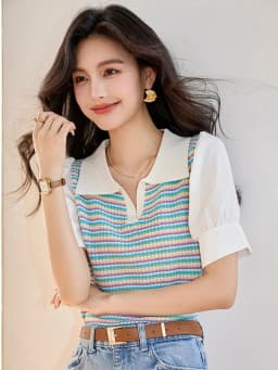 Summer New Thin Striped Knit Shirt Tops Short Sleeve Lapel Loose Short Pullovers Fashion Women Casual Top Clothing
