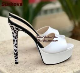 Surkova White Matte Leather Stiletto Heel Modern Slippers High Platform Open Toe Sandals Slip-On Leopard Patchwork Dress Pumps