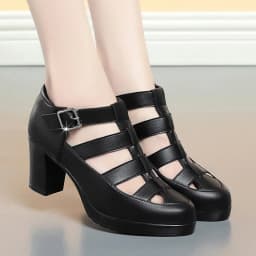 Breathable Cutout Close Head Platform Shoes Soft Leather 2024 Summer Block Med Heels Gladiator Sandals for Office Mom