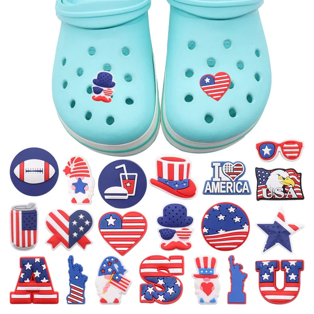 1pcs America USA Statue of Liberty Star Heart Hat Soccer PVC Shoe Charms Wristband Decoration Buckle Accessories Adult Gift