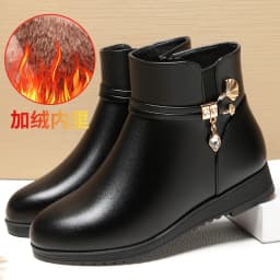 Women's Rhinestone Leather Boots Autumn Winter Warm Cotton Shoes Low Heel Round Head Side Zip Footwear Mother's Cotton Shoes