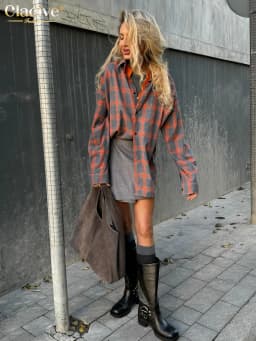 Clacive Fashion Loose Plaid Woman Blouse 2024 Casual Lapel Long Sleeve Office Shirts Elegant Classic Blusa Tops Female Clothing