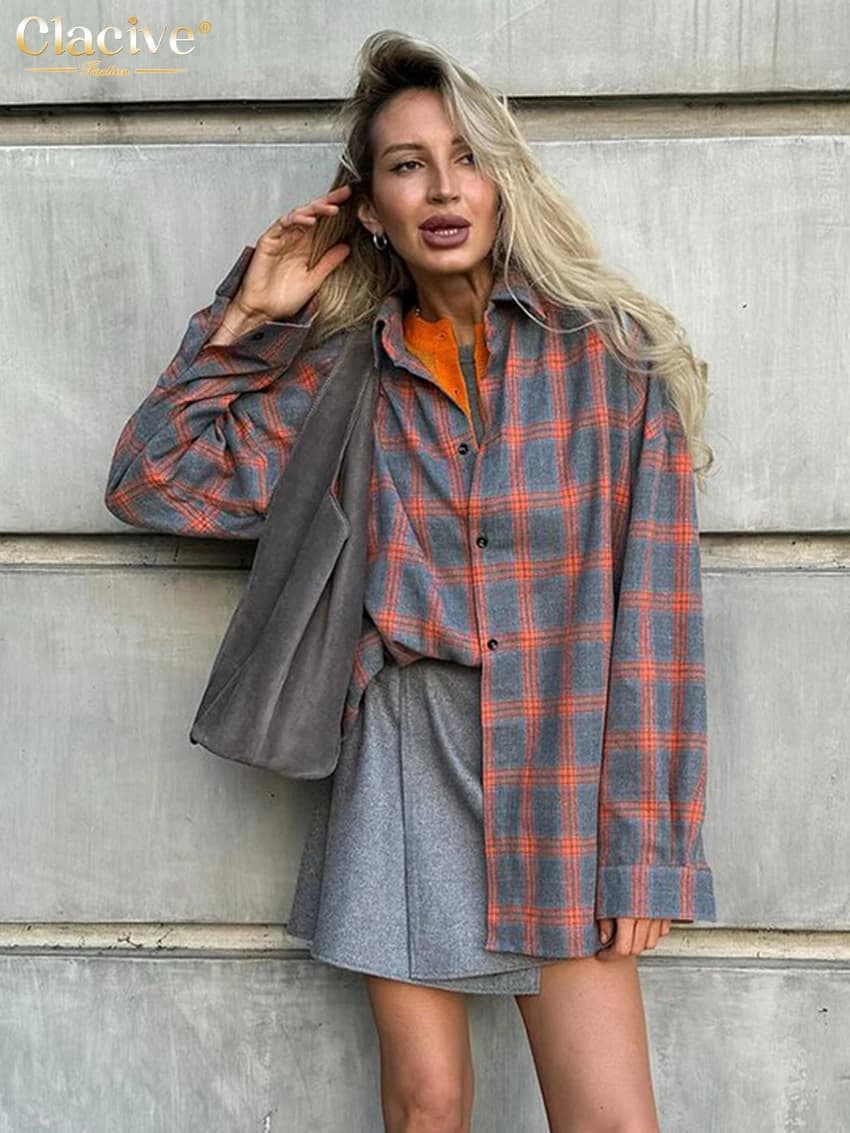 Clacive Fashion Loose Plaid Woman Blouse 2024 Casual Lapel Long Sleeve Office Shirts Elegant Classic Blusa Tops Female Clothing