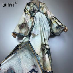 WINYI Bohemian Summer Beach Dress High Quality Double Sided Boho Printing Elegant Silk Maxi Dress Women Evening Party Kaftan